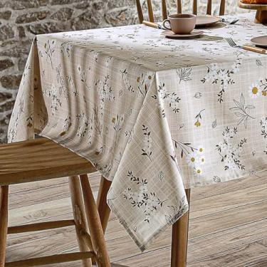 Imagem de Toalha de Mesa Retangular Floral, Tecido Linho, 160 x 250 cm, 8 Lugares, Estampa Delicada com Flores Amarelas e Folhas Pretas