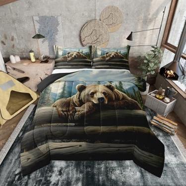 Imagem de Erosebridal Conjunto de edredom King com urso, floresta, natureza, animais selvagens, floresta, para crianças, meninos e meninas, cabana rústica, urso, marrom, montanha, caça, vida selvagem