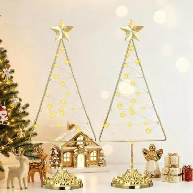 Imagem de Yuefunny Conjunto de 2 decoração de mesa de árvore de Natal iluminada com estrela dourada operada por bateria Prelit mini árvore de Natal com iluminação LED enfeite de mesa para casa (triângulo, ouro)