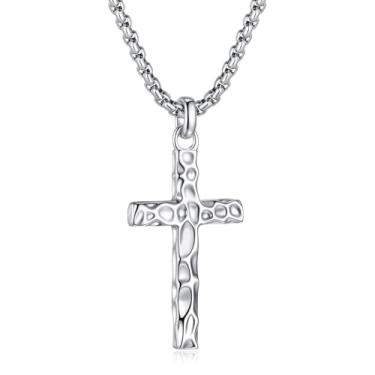 Imagem de YixNahz Colar com cruz de prata esterlina 925 para homens e mulheres, pingente de cruz martelada com corrente de rolo de aço inoxidável, crucifixo, 45 a 61 cm, joia cristã, presente para homens, 22" +