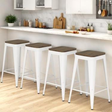 Imagem de Homvinax Bancos de bar de metal de 61 cm, banco de bar industrial frente única com assento de madeira, bancos de bar empilháveis com altura de balcão conjunto de 4 para ilha de cozinha, restaurante