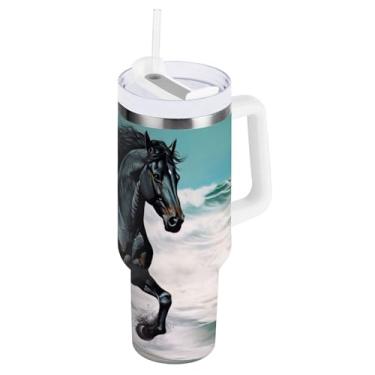 Imagem de xigua Copo Majestic Horse de 850 g com tampa e canudo, aço inoxidável de vácuo duplo isolado garrafa de água esportiva suporte de copo de café de viagem à prova de vazamento para bebida gelada