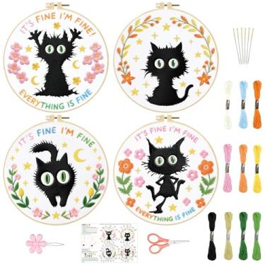 Imagem de INFUNLY 4 conjuntos de kit de bordado de gato preto para iniciantes, kit de bordado inspirador 29 x 39 cm, conjunto de bordado de costura à mão com instruções passo a passo para decoração de casa