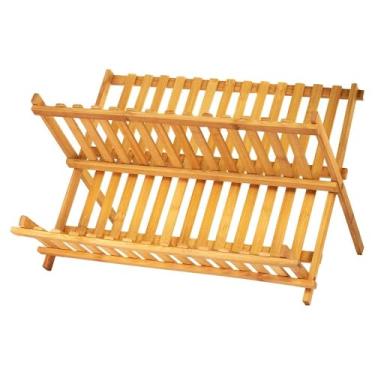 Imagem de Escorredor de Pratos em Bambu Dobrável, 2 Níveis, 14 Divisórias, 43x34x22cm, Natural, 900g