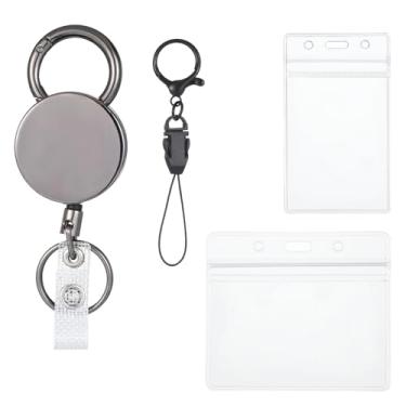 Imagem de 2 conjuntos de porta-crachás retráteis resistentes, carretel retrátil de 68 cm com clipe de cinto mosquetão e porta-cartões de aço inoxidável reforçado para crachás de chaves de cartão de nome (preto)