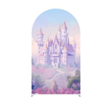 Imagem de Iydamc Capa de fundo arqueado de castelo de conto de fadas roxo para meninas, decoração de festa de aniversário de princesa, capa elástica com suporte de arco de conto de fadas e eventos de fantasia