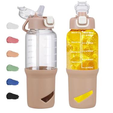 Imagem de SIEROZUR Garrafas de água de vidro de 946 ml com batedor de bola, coqueteleira para misturas de proteína, copo de vidro à prova de vazamento com 2 tampas e sem BPA, liquidificador para fitness, âmbar