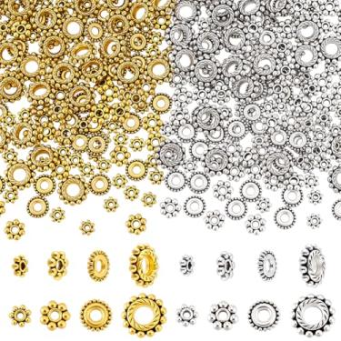 Imagem de PH PandaHall 300 peças de contas espaçadoras, 4 estilos, contas de flores tibetanas, 2 cores, planas, Rondelle, floco de neve, contas douradas, prata antiga, miçanga espaçadora de metal para pulseira