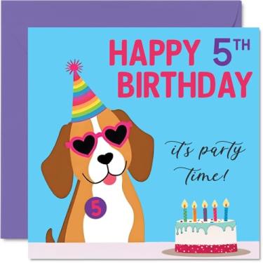 Imagem de Stuff4 Cartões de aniversário de 5 anos para meninos e meninas - Festa de cachorro - Cartão de feliz aniversário para menino de 5 anos de idade filho neto, sobrinha irmão, cartões comemorativos de