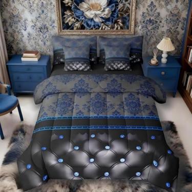 Imagem de Jogo de cama de casal damasco azul com 7 peças | Conjunto de cama boêmio com padrão de textura de diamante preto luxuoso, gótico, vintage, floral, gótico, vintage, decoração de quarto barroco