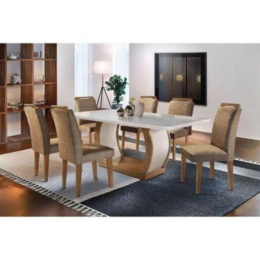 Imagem de Kit Mesa C- Tampo Vidro Canto Curvo 180cm + 6 Cadeiras Imbuia Chocolate