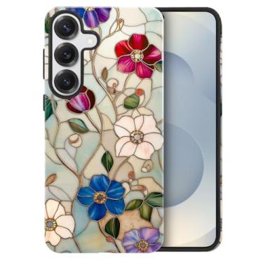 Imagem de heindiy Compatível com Samsung Galaxy S25, capa brilhante, proteção total, à prova de choque, anti-arranhões, capa de TPU, capas para homem mulher - vintage encantador flor vitral