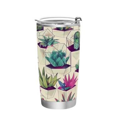 Imagem de Wassud Copo de cacto em vidro com tampa e canudo de aço inoxidável de parede dupla copo isolado copo de viagem caneca de café para bebidas frias e quentes 350 ml