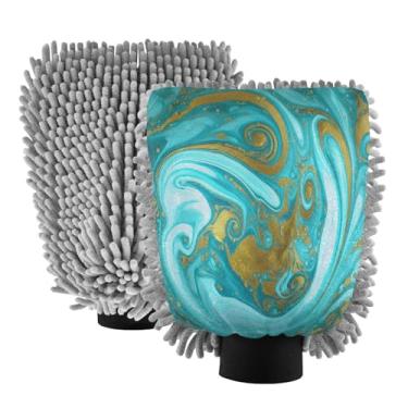 Imagem de STAYTOP Luvas de lavagem de carro com textura de mármore em ouro verde, 2 peças, luvas de microfibra de chenille, sem arranhões, panos de esponja de lavagem ultra absorventes para carros, limpeza