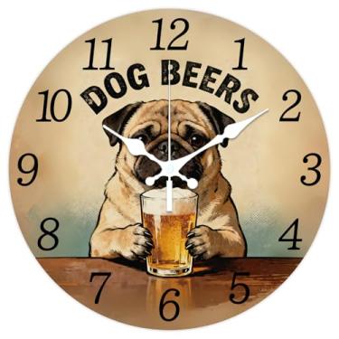 Imagem de CHGCRAFT Relógio de parede Pug Relógio de cerveja de 30 cm estilo engraçado placa de madeira relógios decorativos redondos para quarto, sala de estar, cozinha, escritório