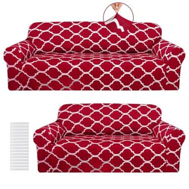 Imagem de Peryiter Conjunto de 2 capas de sofá para sala de estar, protetor de móveis, sofá e sofás, poltrona, poltrona, protetor de móveis, elástico, sem rugas (vermelho Natal)