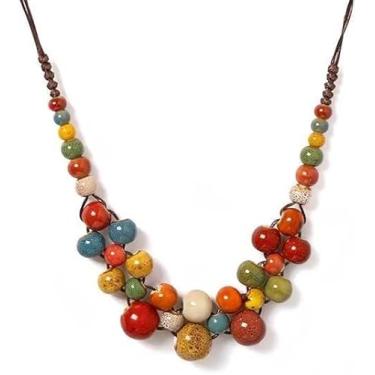 Imagem de SUMPIGGER Boho Hippie Colar de contas de cerâmica para mulheres, grosso, boêmio, outono, contas coloridas, verão, dia de Ação de Graças, outono, Zinco, Sem Pedra Preciosa
