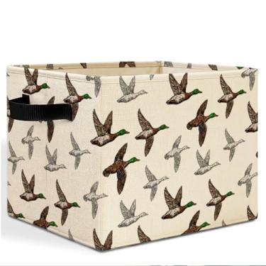 Imagem de HSIASHENG Caixa de armazenamento vintage de pato-real com alças, decoração de berçário de pato, cesta de lavanderia de patos voadores selvagens, cesto de roupa dobrável, organizador de brinquedos para