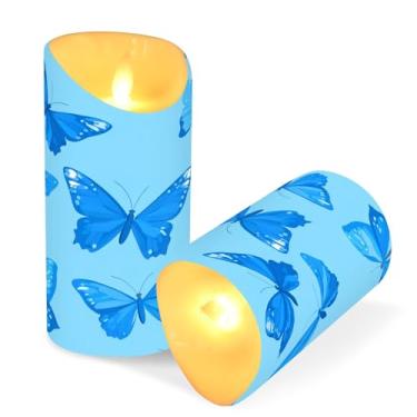 Imagem de ATTX Pacote com 2 velas sem chama borboletas azuis – Velas de pilar LED de 7,6 cm x 15 cm com controle remoto e temporizador para casa, casamento, decoração de acampamento nº 15