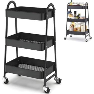 Imagem de Prateleira de Metal Multiuso 3 Andares com Rodinhas, Preta, 77x30x45cm, Portátil, Organizadora
