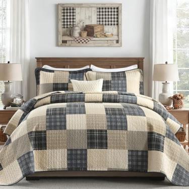 Imagem de SOElinens Colchas King Size – Conjunto de colcha King com design xadrez, casa de fazenda, com fronhas combinando, 3 peças, 100% algodão, conjunto de colcha leve para todas as estações, carvão/bege