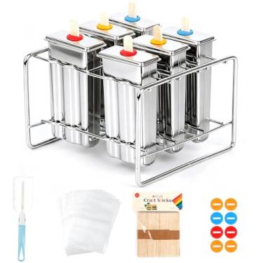 Imagem de Moldes de picolé de aço inoxidável, conjunto de 6, (quadrados), 60 palitos de bambu reutilizáveis, 14 selos de silicone e 1 rack, 20 sacos pop, 1 escova de limpeza