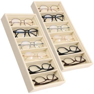 Imagem de 2 peças de caixa organizadora de óculos de sol para mulheres e homens, empilhável, 6 grades, bandeja de exibição de óculos, organizador de joias, suporte de relógio para mesa (bege)