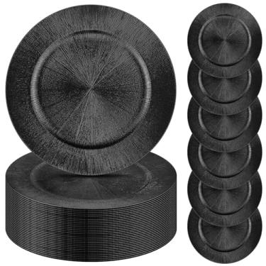 Imagem de Tanlade 50 placas de carregamento a granel, placas de carregamento redondas de 33 cm, placas de carregamento de plástico para jantar de casamento, elegantes e reutilizáveis, para mesa, festa de casamento, evento, decoração de mesa (preto)