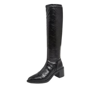 Imagem de Botas femininas na altura do joelho com bico fino e salto grosso para uso casual no inverno, Preto, 35