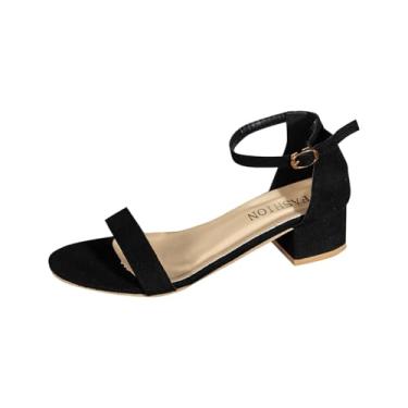 Imagem de Sandálias femininas de salto baixo com salto grosso, alça de fivela versátil para uso casual na primavera e no verão, Preto, 38