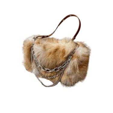 Imagem de MakeMeChic Bolsa Hobo Feminina de Pele Sintética com Alça Superior Fuzzy Bolsa Quadrada de Pelúcia, Marrom, One Size