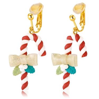 Imagem de LAXPICOL Brincos femininos de Natal de bengala doce com clipe sem piercing para festas de fim de ano