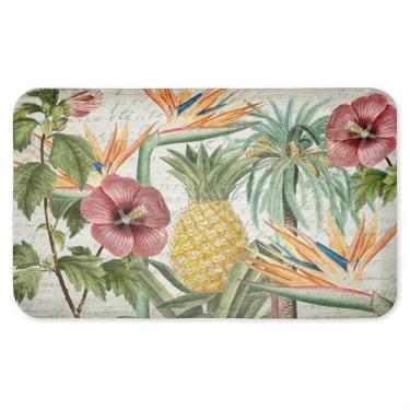 Imagem de Tapete antifadiga de flores tropicais e abacaxi, tapete ergonômico acolchoado para cozinha e pé com suporte antiderrapante, tapete confortável ecológico, design por Kim Allen, 76 cm x 45 cm