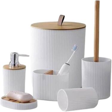 Imagem de Kit Acessórios de Banheiro 6 Peças, Plástico e Bambu, Branco Preto e Cinza, Porta Escova, Lixeira, Porta Sabonete Líquido, Saboneteira, Copo, Escova Sanitária