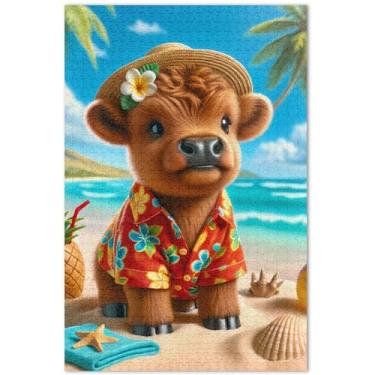 Imagem de Quebra-cabeças personalizados de praia tropical de vaca Highland para adultos, 500 peças, pintura animal, arte, paisagem, quebra-cabeça, presentes, 51 x 35 cm