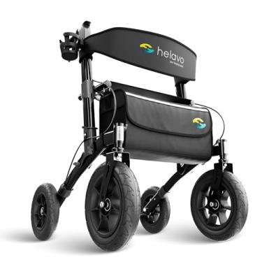 Imagem de Andador Rollator Helavo Todo Terreno com Pneus Pneumáticos de 12” – Andador Dobrável para Idosos com Assento, Leve, Altura Ajustável e Absorção de Impacto (Negro)