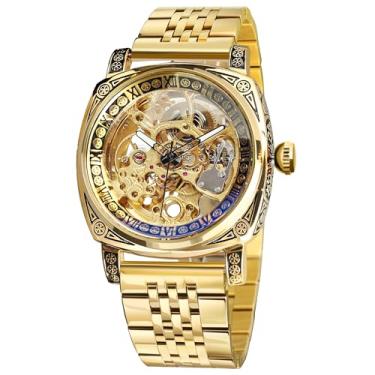 Imagem de FORSINING Relógios masculinos, relógio mecânico retrô quadrado esculpido, esqueleto automático, pulseira de couro vintage, Amarelo - LL