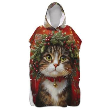 Imagem de TSENQUE Roupão de mudança para adultos, poncho de surfe, toalha de banho com capuz, ponchos de praia vestíveis para homens, gato de Natal fofo