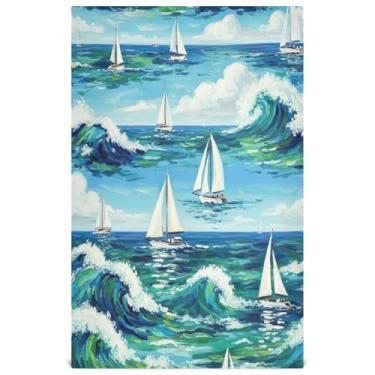 Imagem de Joisal Aquarela ondas veleiros mar chá toalha de mão bonito conjunto de toalhas de prato decoração de cozinha pano de limpeza banheiro absorvente 45 x 71 cm, 4 pacotes