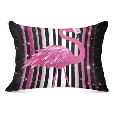 Imagem de Fronha decorativa de listras de flamingo rosa com zíper fronha padrão King Queen Capas de travesseiro fofas para decoração de cama de casa, tamanho Queen, 50,8 cm x 76,2 cm