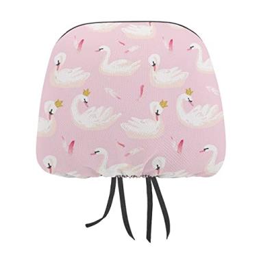 Imagem de Cisnes brancos com penas de coroa de Deus sem costura em rosa 2 peças capas protetoras de encosto de cabeça para assento de carro universal, capa macia para encosto de cabeça de carro, acessórios de