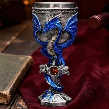 Imagem de DINTSTYLE Cálice de vinho de dragão de chama medieval, taça de vinho de resina cálice com forro de aço inoxidável, cálice Fantasy Dungeons and Dragons 200 ml (longo)