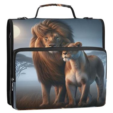 Imagem de Fichários de 3 cm com 3 anéis de paisagem africana resistente impressão de leões com zíper organizador de fichário com alça para viagem escolar, vários bolsos, pasta grande para portfólio