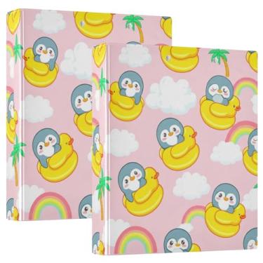 Imagem de Fichários fofos de pato Pinguins de 3 cm, 3 anéis, comporta 200 folhas, 3 pastas de anéis, fichário redondo, 31,5 x 27 x 6 cm, pacote com 2