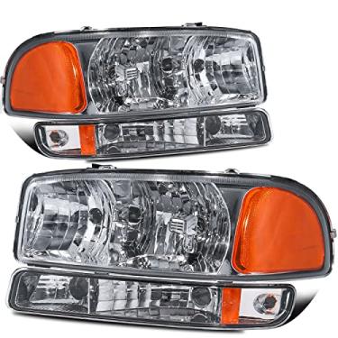 Imagem de MOSTPLUS Conjunto de farol compatível com GMC Sierra 1500 2500/00-06 GMC Yukon 1999-2006 Lâmpada frontal com carcaça cromada/lente transparente/refletor âmbar