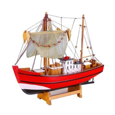 Imagem de shuicui Ornamentos mediterrâneos de madeira à vela para decoração de mesa para casa para modelo de barco de pesca de 30 cm (vermelho)