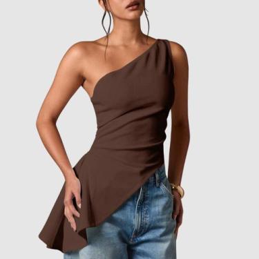 Imagem de Blusa Feminina Assimétrica Um Ombro Só Regata Suplex Babado Lateral Mo