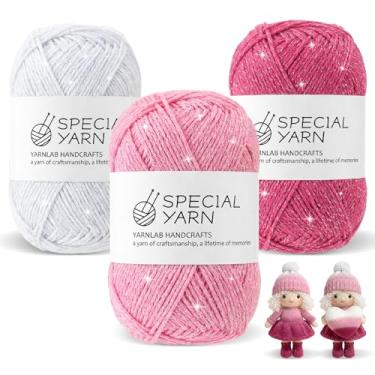 Imagem de Timgle 3 peças de fios de glitter para o Dia dos Namorados, novelos prateados brilhantes para crochê, 153 metros, branco, rosa, vermelho, fio macio, cada 100 g de tricô e crochê para presente de dia
