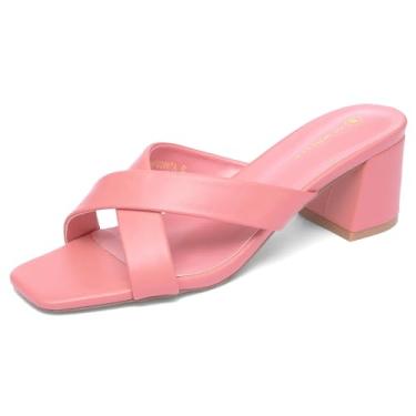Imagem de NEWBELLA Sandálias femininas de salto quadrado - Design de alça cruzada com salto bloco, sandálias casuais de verão para praia e uso diário, rosa, 35
