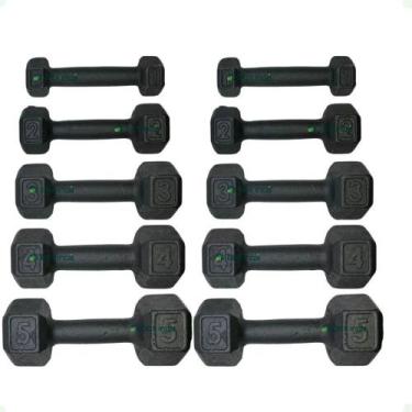 Imagem de Kit de Halter Sextavado de Ferro Fundido Pintado - Pares de 1 a 5 Kg -